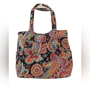 Quilted Paisley Tote Bag in Black with Multicolor Print